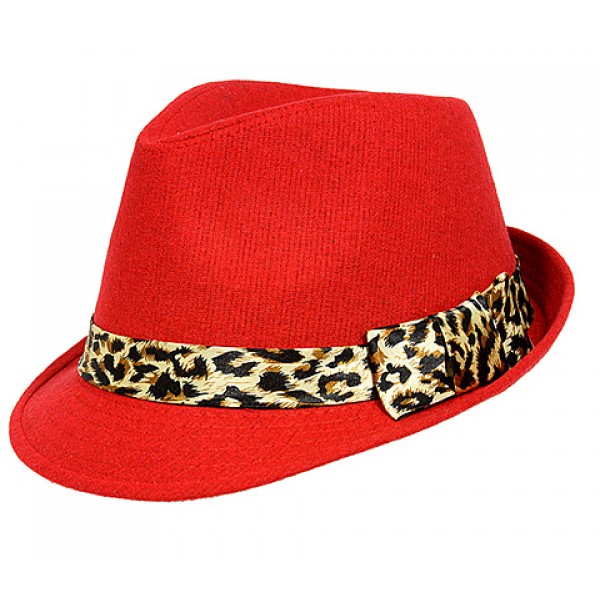 Fedora - Wool-Felt w/ Leopard Print Band - Red - HT-FHT2492RD